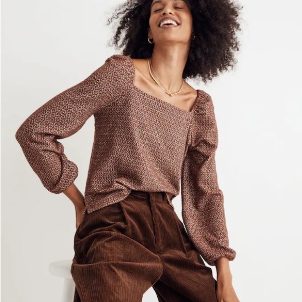 MADEWELL Jacquard Puff-Sleeve Boho Cropped Long Sleeve Blouse Top
